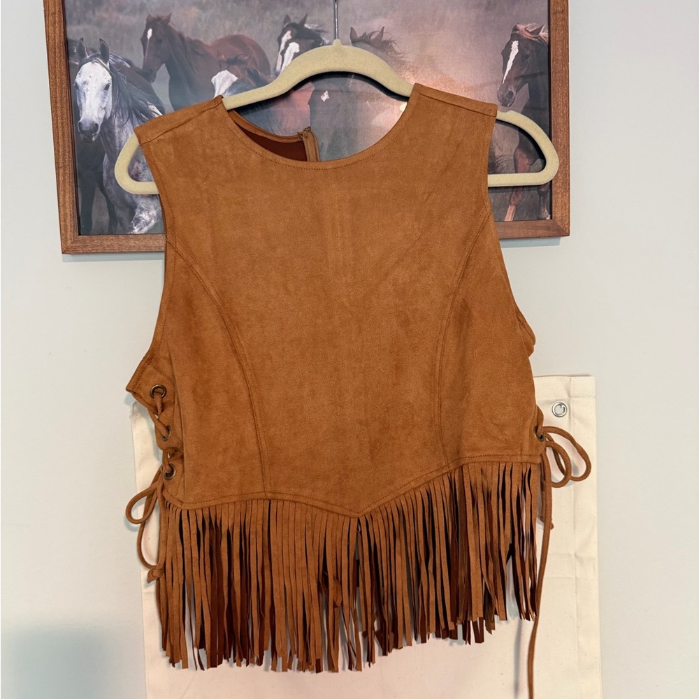 Vestique Tan Fringed Crop Top